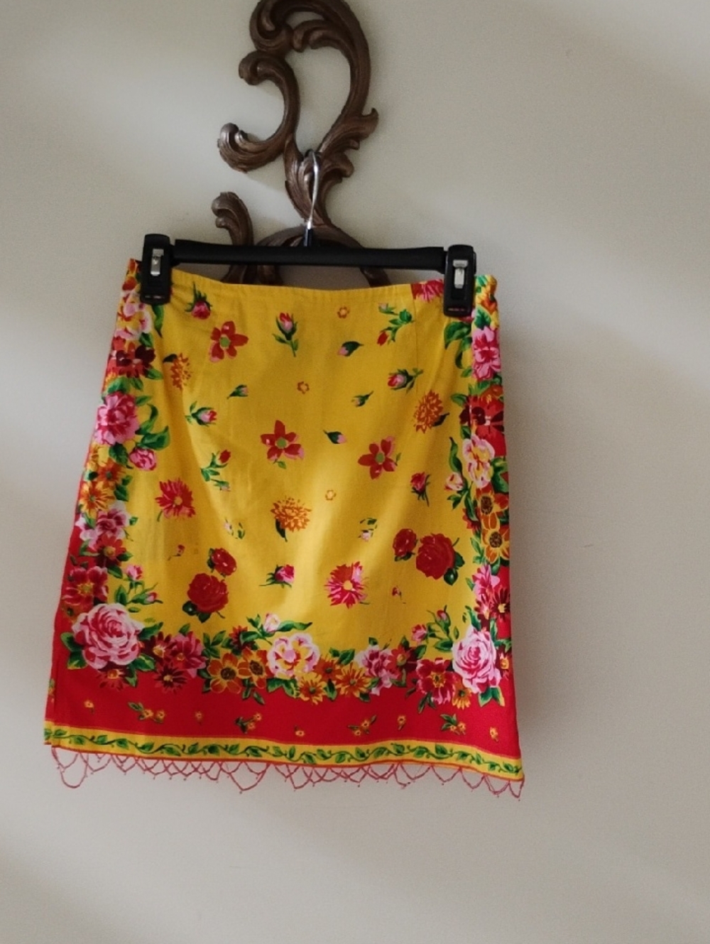 Boston Proper Yellow Mini Skirt with Red Floral Border